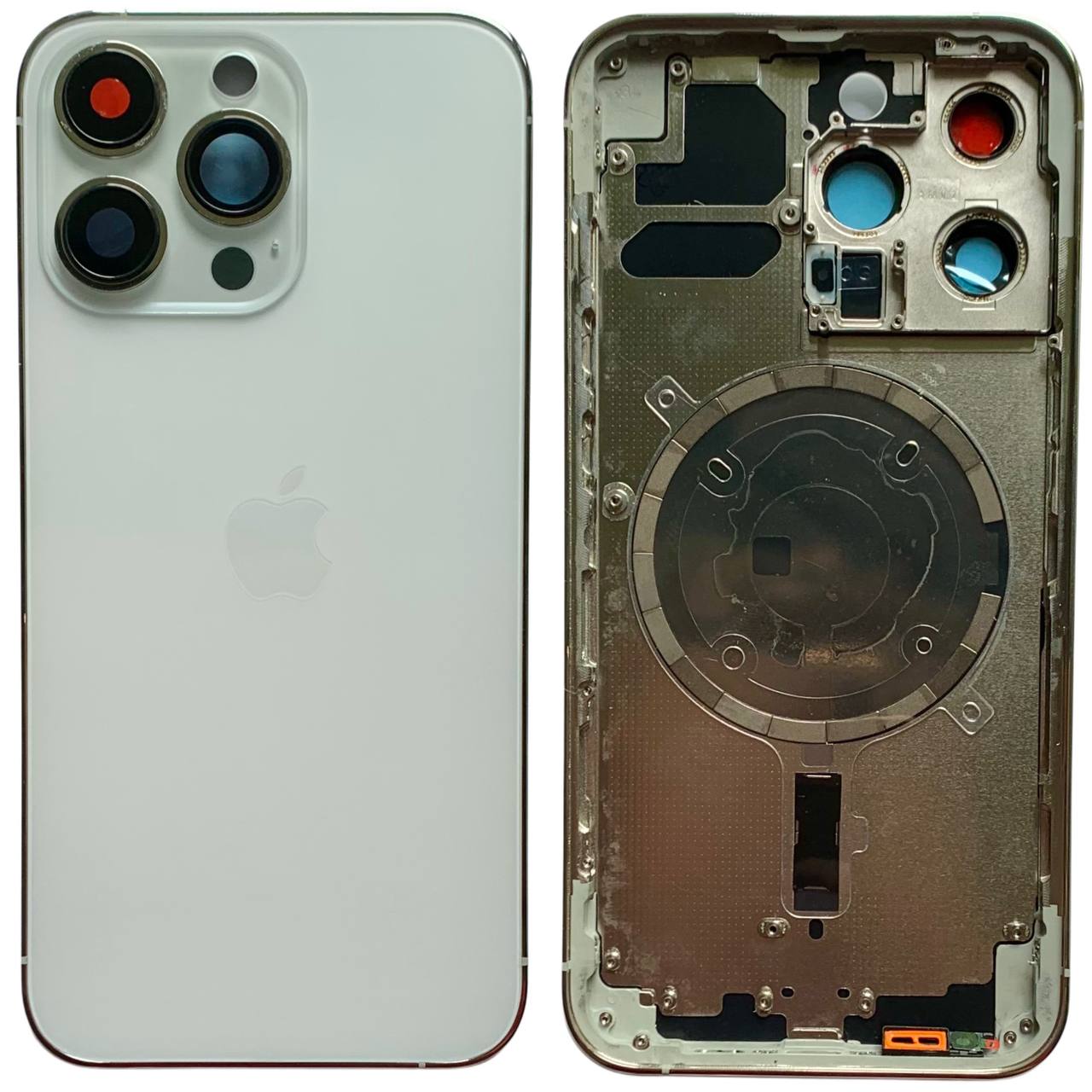 Корпус iPhone 13 Pro White в сборе с держателем SIM, кнопками, магнитами и сеткой, USA High Quiality (крышка НЕ цельнолитая)
