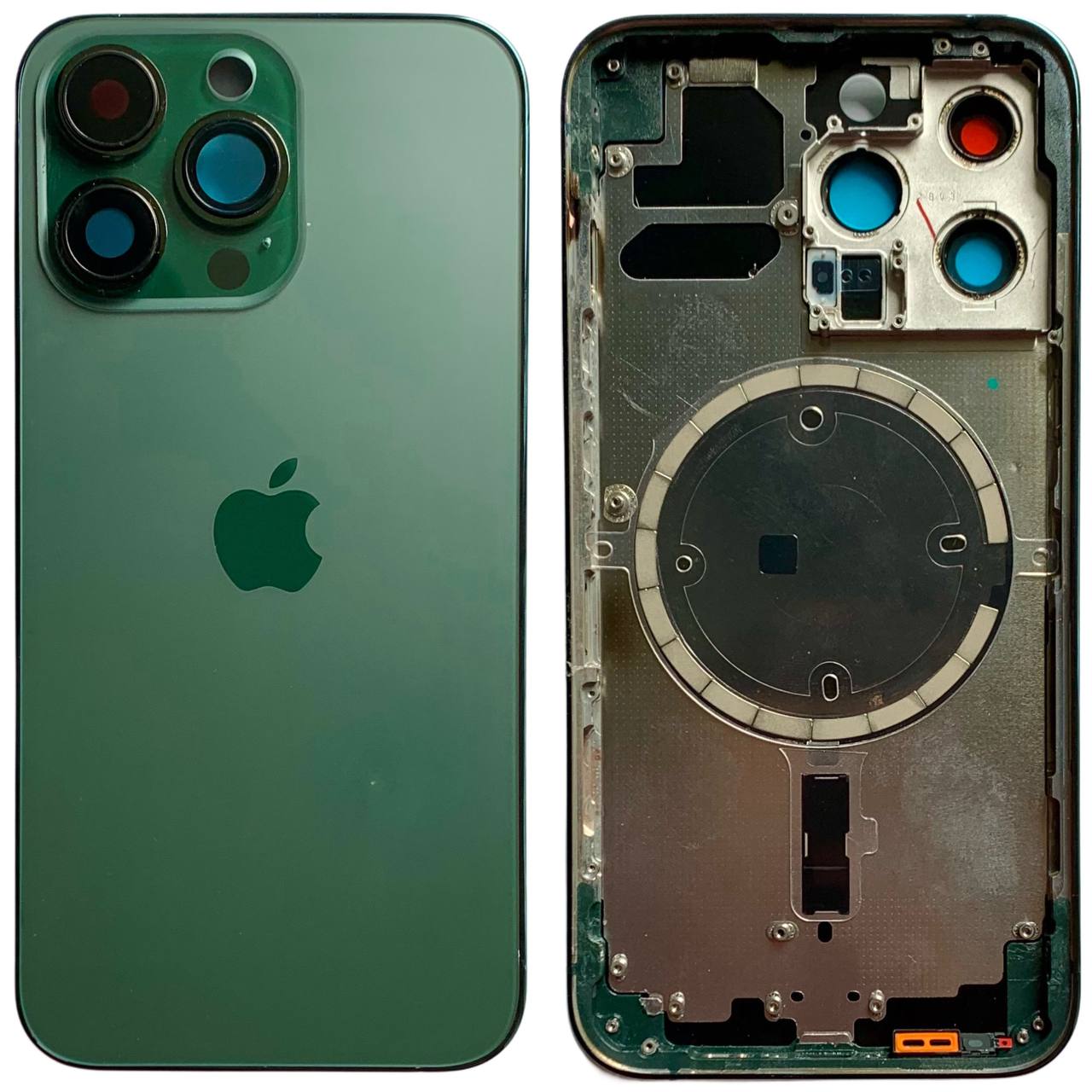 Корпус iPhone 13 Pro Green в сборе с держателем SIM, кнопками, магнитами и сеткой, USA High Quiality (крышка НЕ цельнолитая)