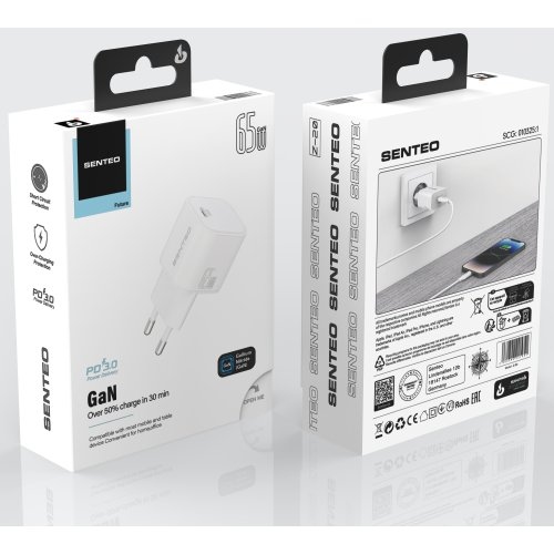 МЗП 1Port SENTEO Z-20 USB-C 3A GaN PD 65W (CE Сертификат) white